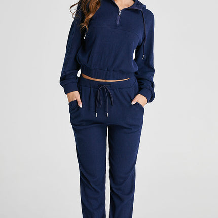 Navy Blue Ribbed Knit Cropped Hoodie and Drawstring Joggers Set