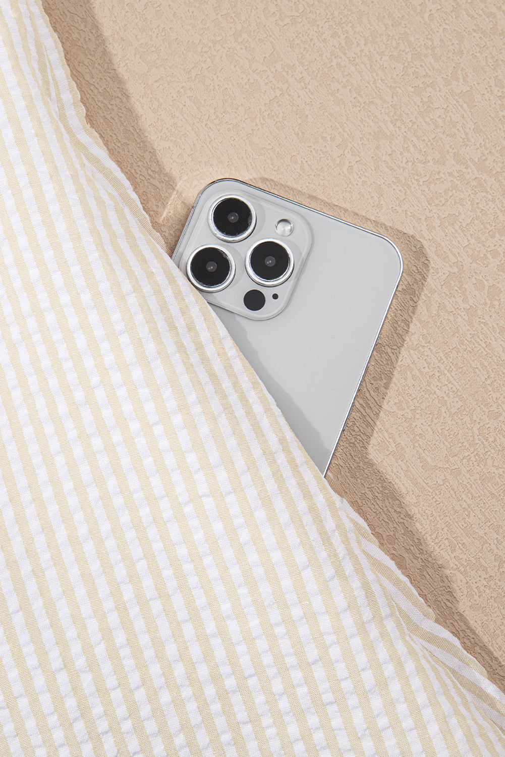 Beige Stripe Seersucker Contrast Round Neck Puff Sleeve T Shirt Dress