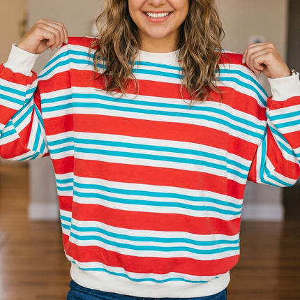 Red Stripe Striped Colorblock Long Sleeve Round Neck Tunic Plus Size Sweatshirt