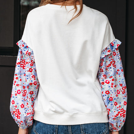 White Floral Ruffled Balloon Sleeve Patchwork Loose Blouse