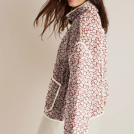 Pink Floral Print Contrast Edge Pocketed Stand Neck Jacket