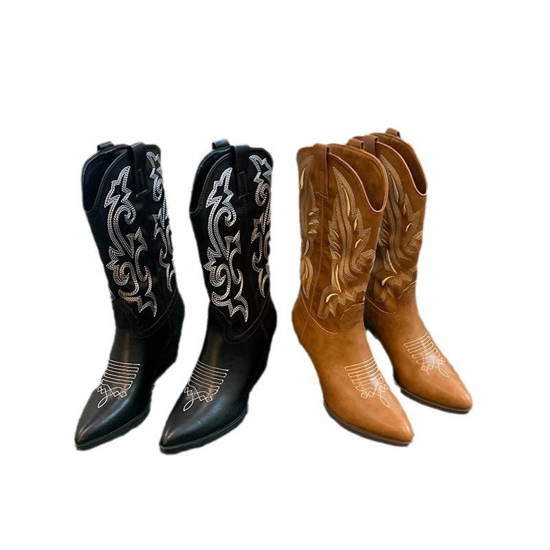 Embroidered Mid-calf Retro Cowboy Boot Women