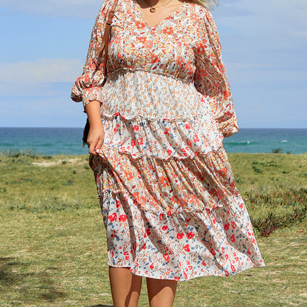 Khaki Plus Size Floral Tiered Ruffle Maxi Dress
