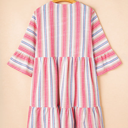 White Stripe Plus Size Embroidered Detail Flared 3/4 Sleeve V Neck Dress