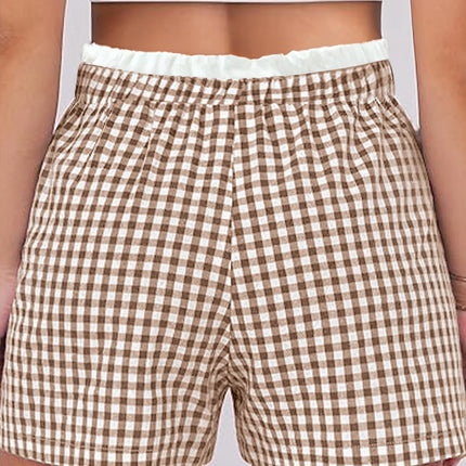 Pink Contrast Trim Plaid Print Plus Size Shorts