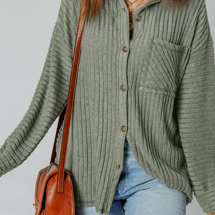 Mist Green Thermal Ribbed Texture Drop Shoulder Button Up Shacket