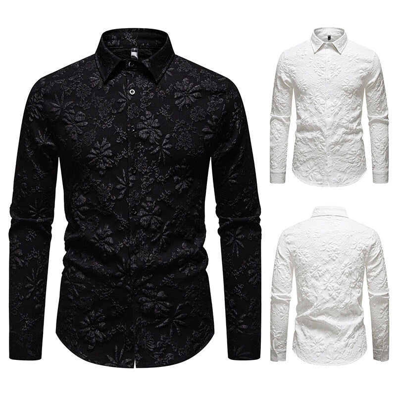 Men's Floral Long Sleeve Shirt Fashion Jacquard Loose-fitting Plus Size Tops