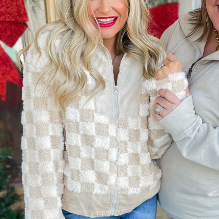 Khaki Checker Sherpa Corduroy Patchwork Zip up Collared Jacket