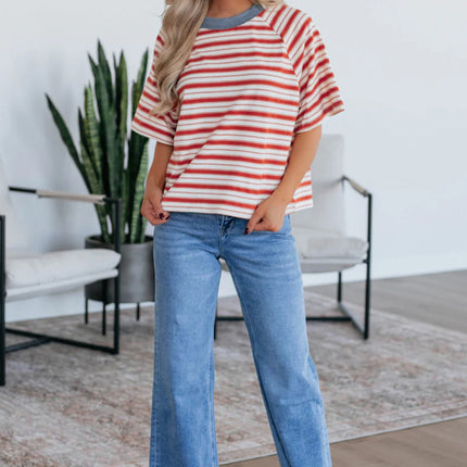 Tomato Red Stripe Print Contrast Collar Raglan Sleeve T Shirt