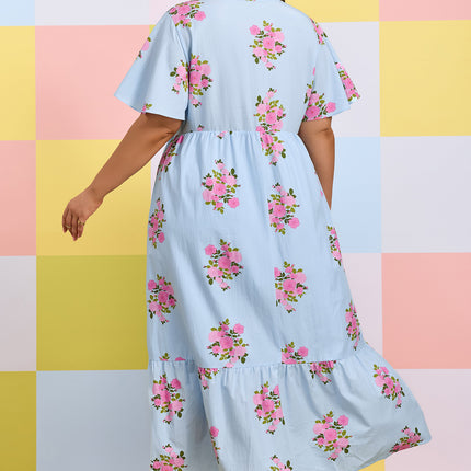Sky Blue Plus Size Floral Print Scalloped Trim V-Neck Dress