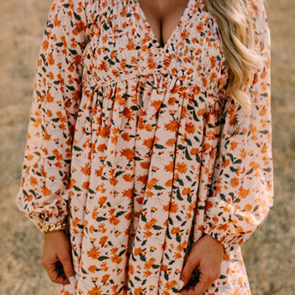 Beige Plus Size Floral Print V Neck Long Sleeve Babydoll Short Dress