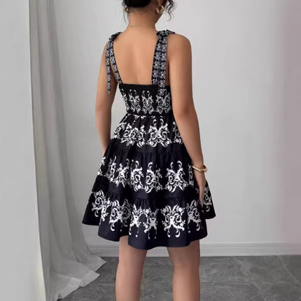 New Stylish Retro Minimalist Burnt-Flower Lace-Up Strap Black Short Dress