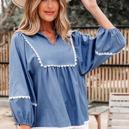 Dusk Blue Lace Ric Rac 3/4 Puff Sleeve Collared Babydoll Blouse