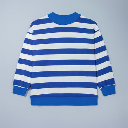 Blue Stripe Ribbed Trim Stand Neck Dropped Shoulder Plus Size Sweatshirt