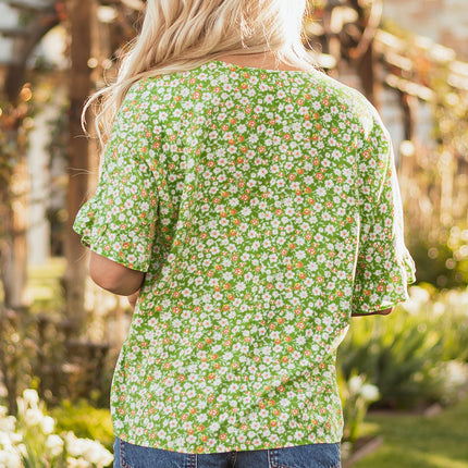 Green Floral Print Ruffle Sleeve V Neck Blouse Top