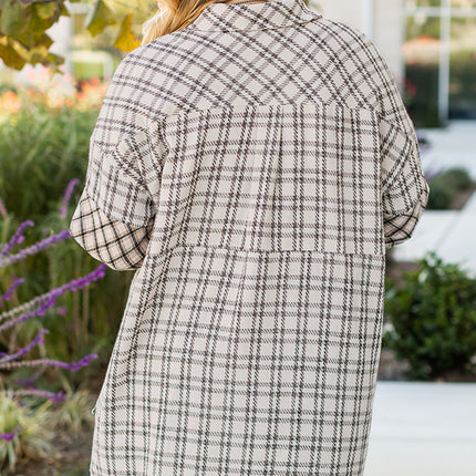 White Stripe Plus Size Plaid Buttoned Raw Hem Tunic Shirt Dress