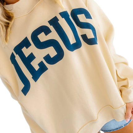 Light Grey Jesus Slogan Stand Neck Long Sleeve Oversized Tunic Plus Size Sweatshirt