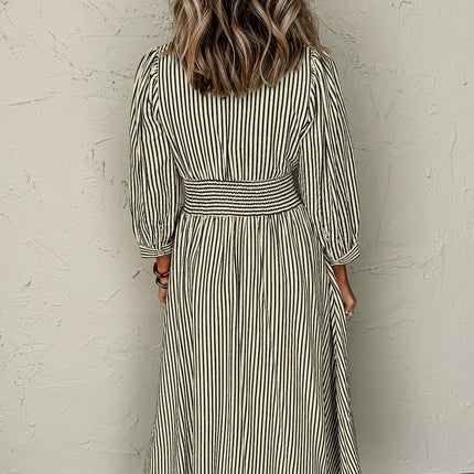 Black Stripe V Neck Zip Front Cinched High Waist Midi Dress