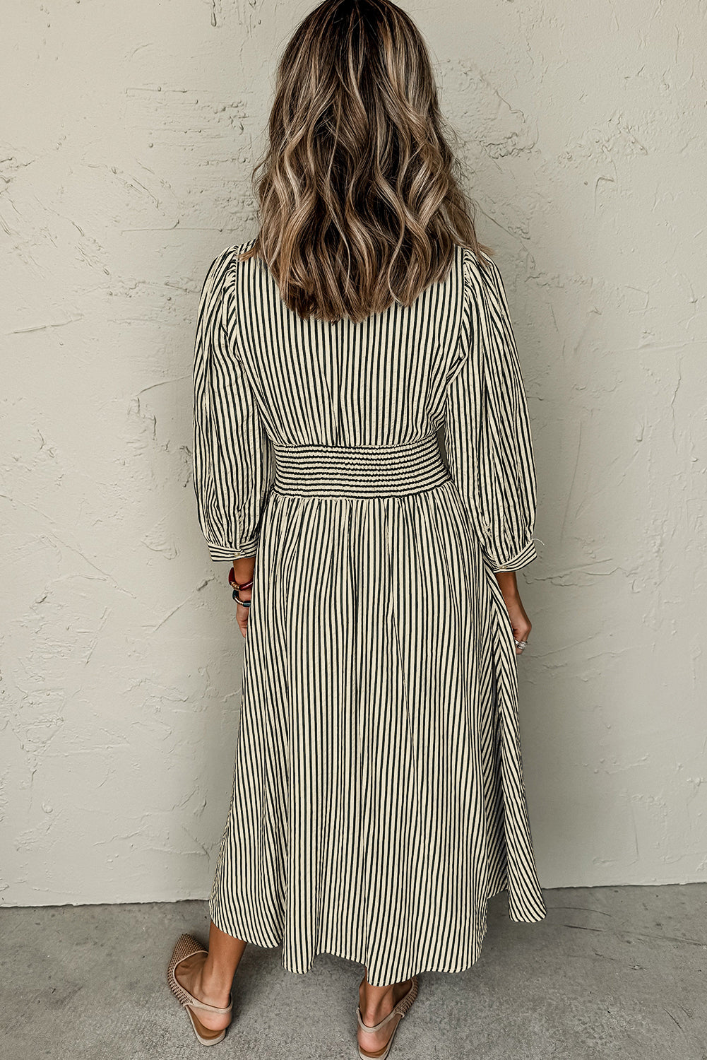 Black Stripe V Neck Zip Front Cinched High Waist Midi Dress