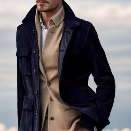 Regular Men's Cowhide Casual Coat And Trench Coat Multi-pocket