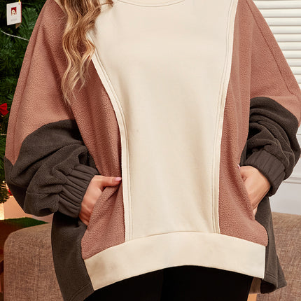 Brown Exposed Seam Colorblock Plus Size Hoodie