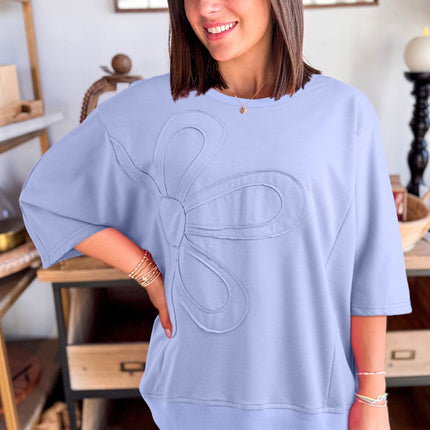 Beau Blue Floral Patched Half Sleeve Tunic Top