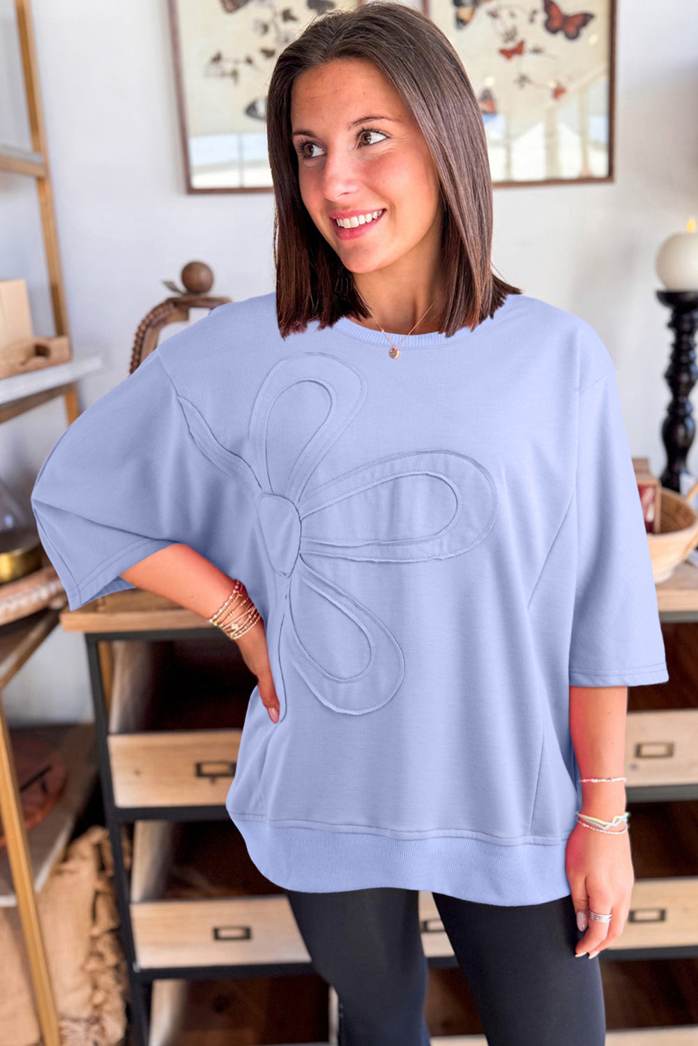 Beau Blue Floral Patched Half Sleeve Tunic Top