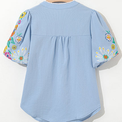 Beau Blue Floral Embroidered Puff Sleeve Split Neck Blouse