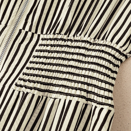 Black Stripe V Neck Zip Front Cinched High Waist Midi Dress