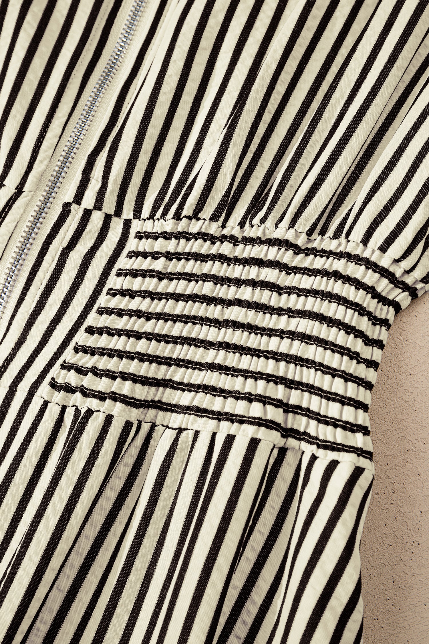 Black Stripe V Neck Zip Front Cinched High Waist Midi Dress