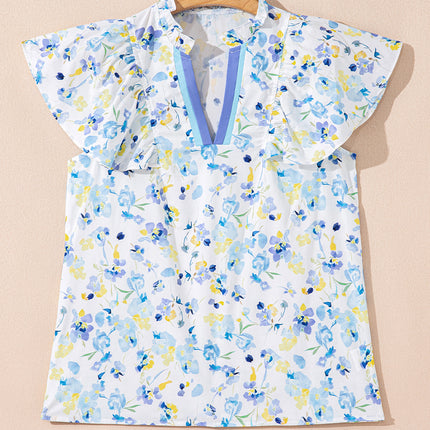 Sky Blue Floral Print Frilled Notched V Neck Blouse