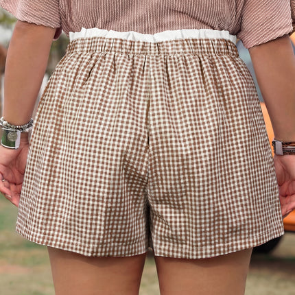 Pink Contrast Trim Plaid Print Plus Size Shorts