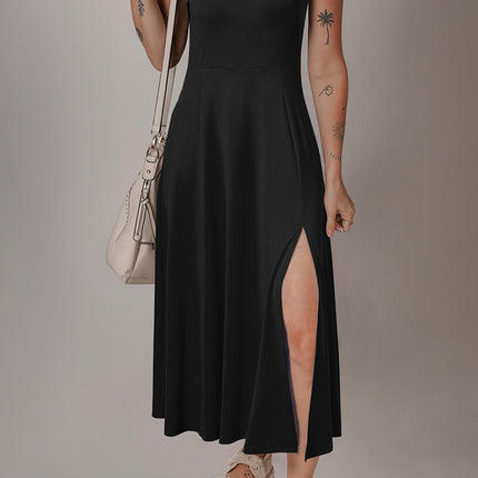Black Sleeveless Scoop Neck Flared Split Midi Dress
