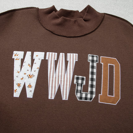 Gray WWJD Mix Pattern Letter Graphic Exposed Seam Loose Plus Size Sweatshirt