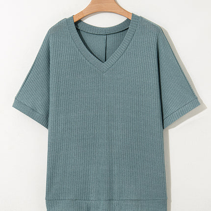 Moonlight Jade Oversized Ribbed Knit V Neck Dolman Short Sleeve Top