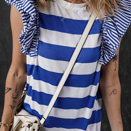Sky Blue Stripe Contrast Ruffled Sleeve T-shirt Dress