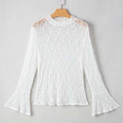 White Sheer Lace Bell Sleeve Mock Neck Blouse