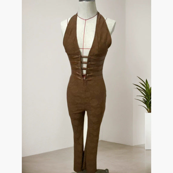 Sexy Lace Trousers Deep V Bandage Lace-up Halter Jumpsuit