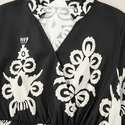 Black Western Geometric Print 3/4 Sleeve Loose Midi Dress
