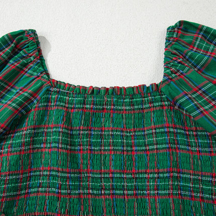 Green Tartan Plaid Square Neck Puff Sleeve Knot Waist Flared Midi Dress