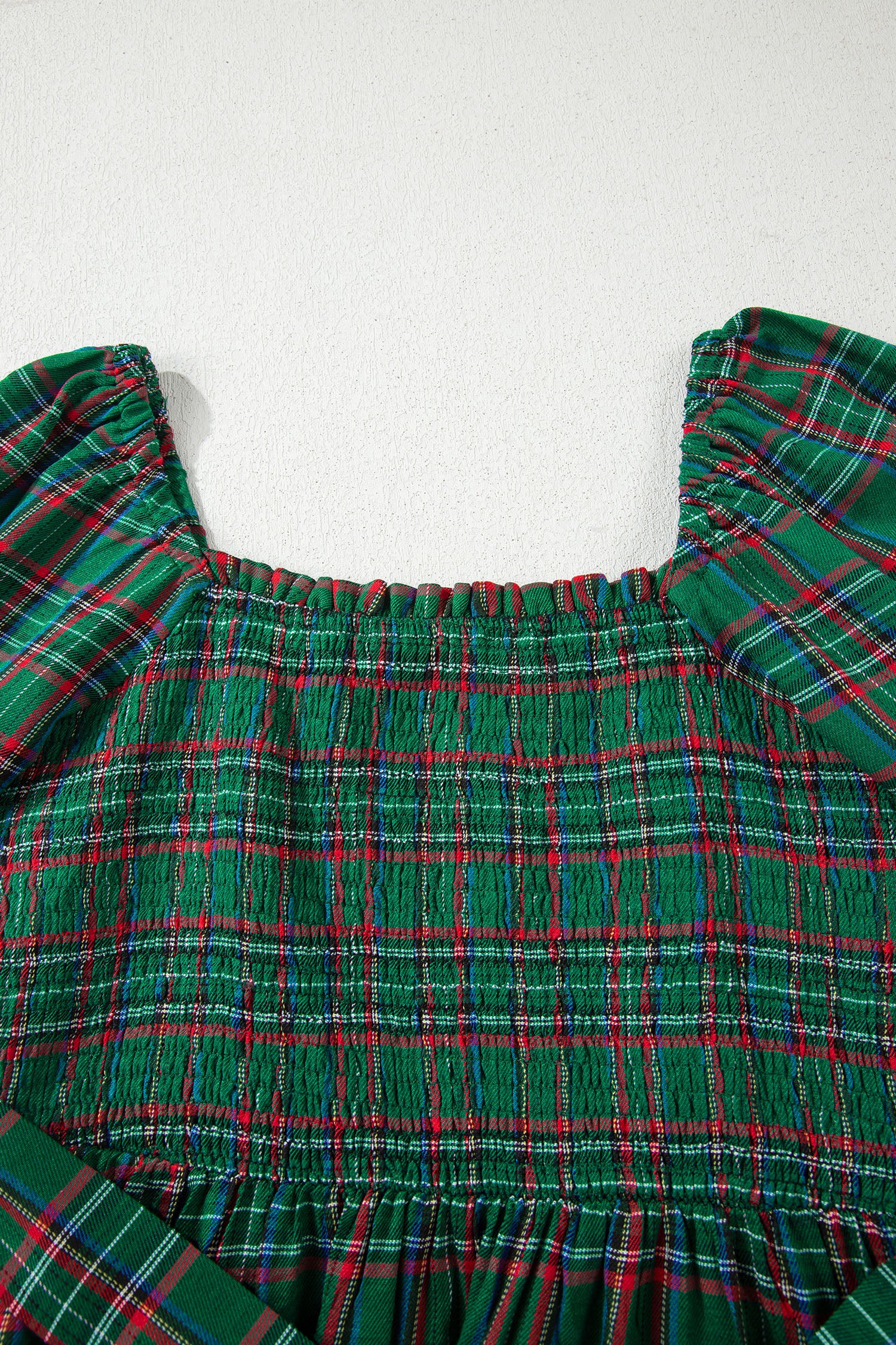 Green Tartan Plaid Square Neck Puff Sleeve Knot Waist Flared Midi Dress