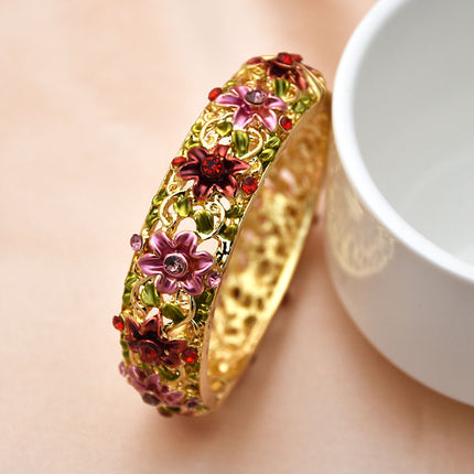 Vintage Court-Style Hand-Painted Bracelet With Diamond-Inlaid Hollow Sea Poppy Design, Entirely Handcrafted