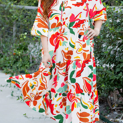 Orange Floral Print Drawstring V Neck Tiered Plus Size Dress