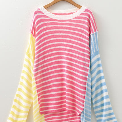 Multicolour Striped Exposed Seam Colorblock Patchwork Plus Size Sweater