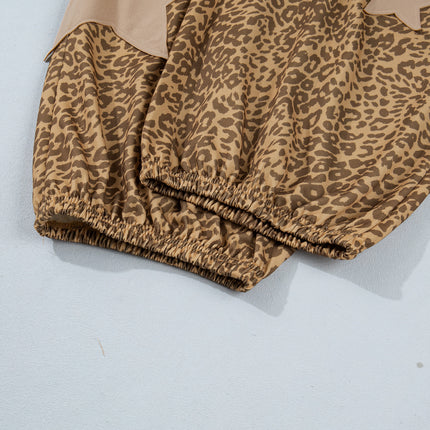 Khaki Plus Size Leopard Print Western Star Patched Jogger Pants