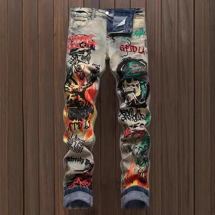 Slim-fit Stretch Ripped Embroidered Vintage Patch Jeans