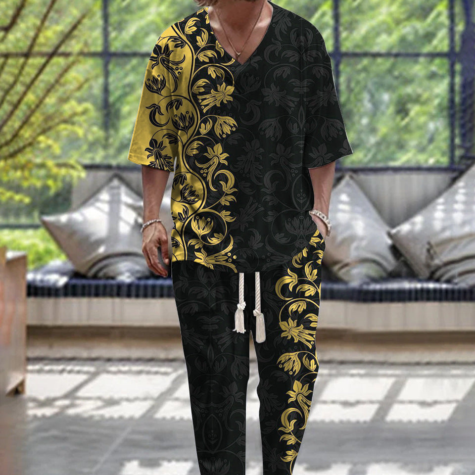 Cropped Sleeves V-neck Trousers Suit