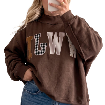 Gray WWJD Mix Pattern Letter Graphic Exposed Seam Loose Plus Size Sweatshirt
