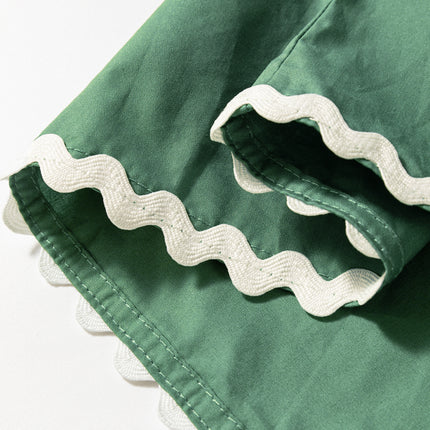 Mist Green Ric Rac Trim Tie Split Neck Short Sleeve Blouse