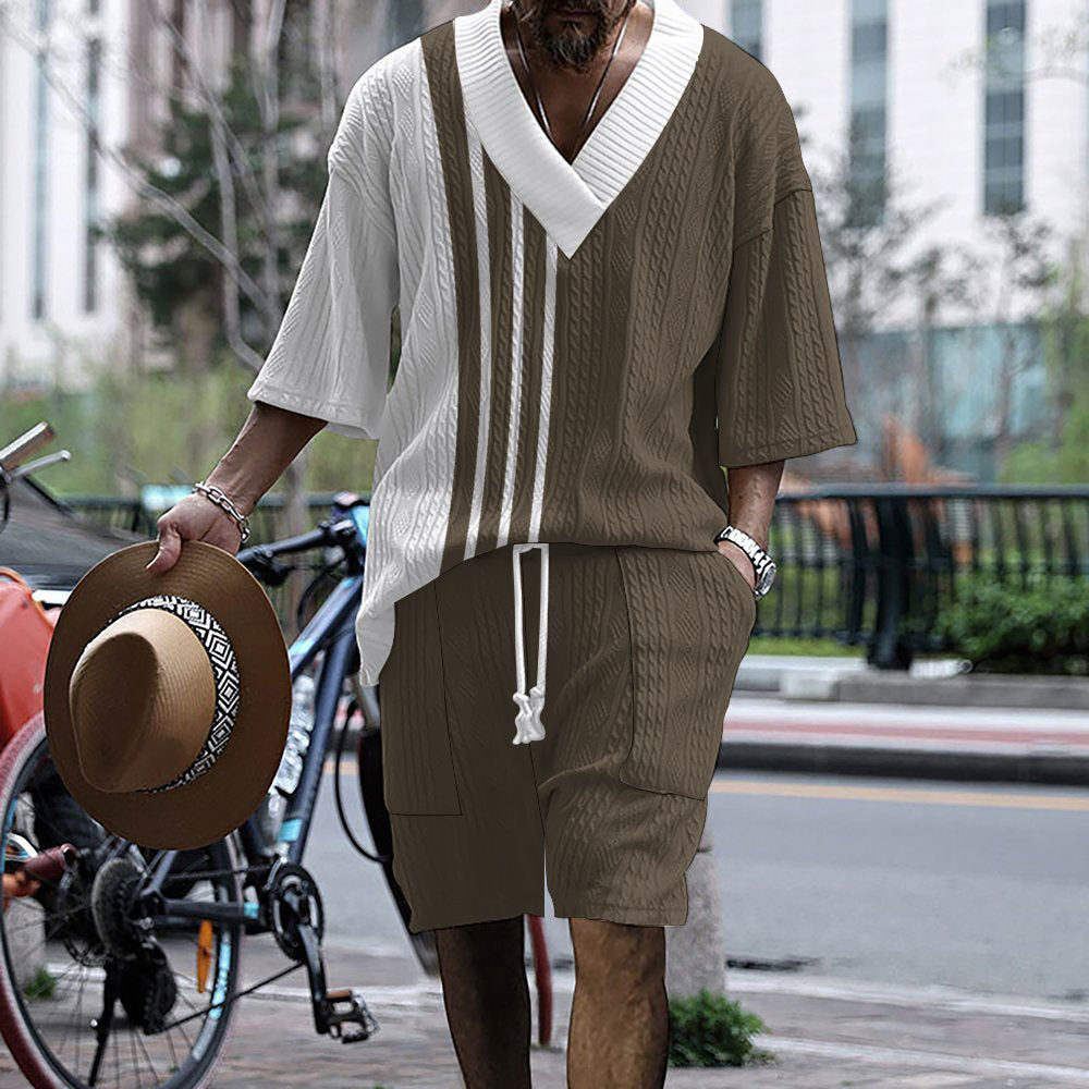 Printed Drop-shoulder Men's Knitted Short-sleeved Shorts Suit